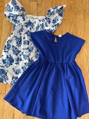 SHEIN Blue Floral & Royal Blue Girls Dress Set